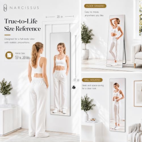 NARCISSUS Full Length Mirror 57x20 Inch, Over The Door Mirror with Stand, Wall Mounted or Freestanding/Door Hanging Full Body, Aluminum Alloy Frame, Silver