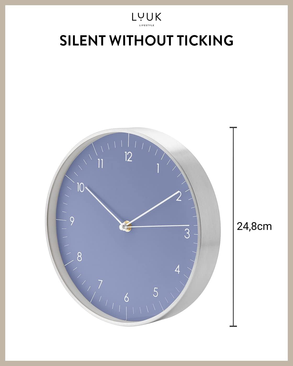 LUUK LIFESTYLE Minimalist Wall Clock with Silent Movement, no Ticking, Modern Design, Kitchen Clock, Decoration and Gift idea, in Blue and Silver