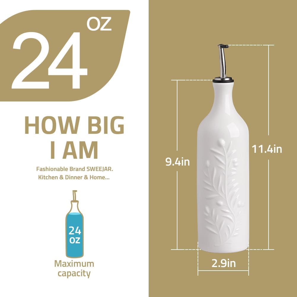 Sweejar Large Olive Oil Dispenser Bottle with Spout, 24 Oz Ceramic Oil Dispenser for Kitchen, Relief Opaque Oil Cruet, Oil Container for Cooking, EVOO, Avocado Oil, Vinegar, Pack of 1 (White)
