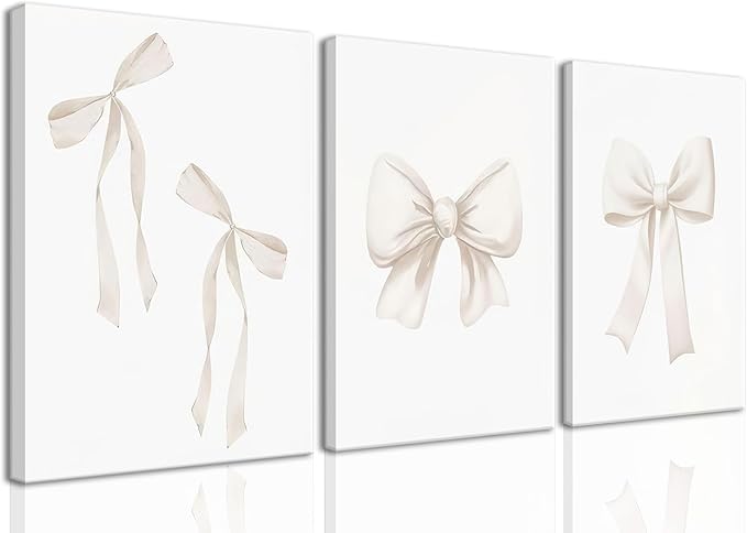 Coquette Beige Bow Wall Art Decor Posters, Cute Bow Bedroom Canvas Wall Art Decor Aesthetic for Teen Girls Room, Preppy Bow Pictures Wall Decor Paintings Prints, 12x16in Framed Set of 3