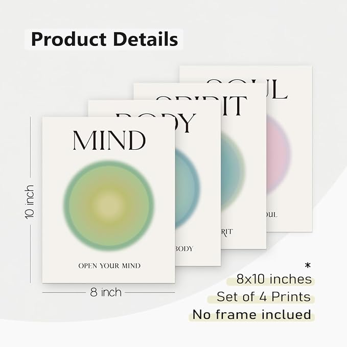 PLKMN Mind Body Soul Spirit Wall Art Prints,Energy Spiritual Positive Aura Posters For Room Aesthetic, Colorful Aura Poster Energy Wall Art for Bedroom Yoga 8x10 Inch Set of 4 Unframed