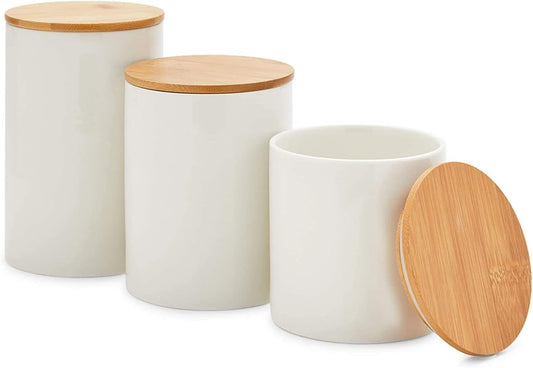 Farmlyn Creek Set of 3 White Ceramic Canisters with Airtight Wooden Bmaboo Lids - Kitchen Counter Containers - Food Storage Jars for Storing Sugar, Coffee, Snacks and Other Dry Goods (3 Sizes)