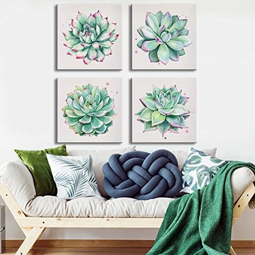 YOOOAHU Home Wall Art Decor Succulent Plants Simple Life Canvas Paintings Posters Prints 24" x 24" 4 Pieces Watercolor Hand-Drawn Green Leaf Framed Nature Pictures for Living Room Kitchen Decorations