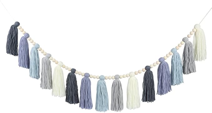 DrCor Coastal Boho Dusty Blue Tassel Garland – Handmade Yarn Banner for Nursery, Classroom, Kids Room, Baby Shower, Spring Party & Blue Boho Wall Decor