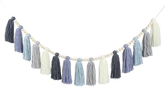 DrCor Coastal Boho Dusty Blue Tassel Garland – Handmade Yarn Banner for Nursery, Classroom, Kids Room, Baby Shower, Spring Party & Blue Boho Wall Decor