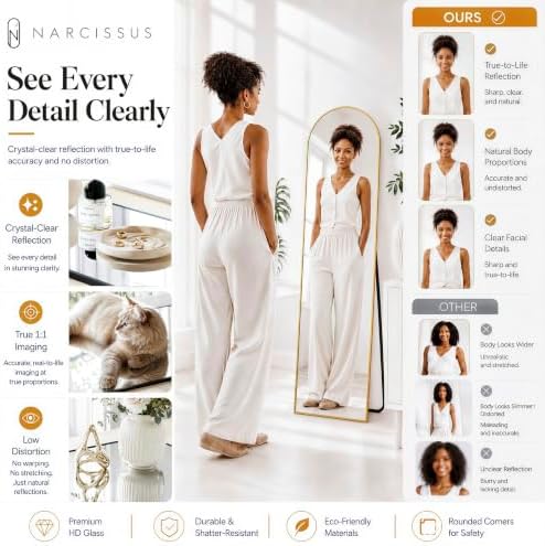 NARCISSUS Full Length Mirror 57x16 Inch, Over The Door Mirror with Stand, Wall Mounted or Freestanding/Door Hanging Full Body, Aluminum Alloy Frame, Gold