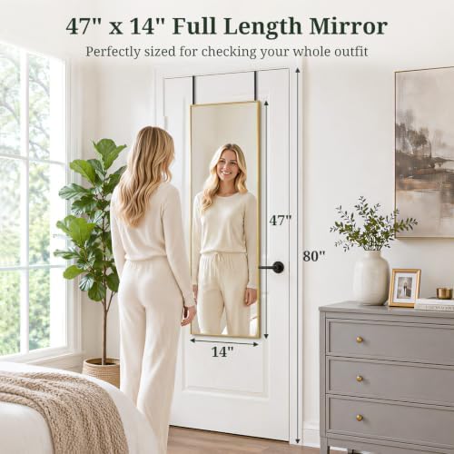 47"x14" Mirror Full Length, Wall Mounted/Over the Door, Gold