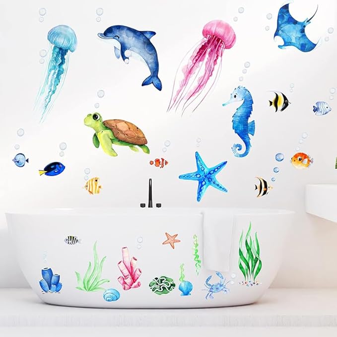 Ocean Sea Animals Wall Decals Stickers, 4Sheets 52Pcs Under The Sea Wall Stickers Fish Turtle Jellyfish Ocean Creature Decals for Kids Bedroom Bathroom Nursery Decor