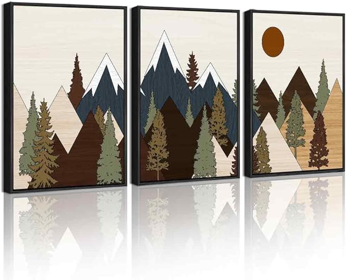 Drsoum Morden Mountains Landscape Wall Art Framed Boho Pine Tree Forest Nature Prints Boho Farmhouse Rustic Artwork Hallway Bedroom Ready to Hang 16x24in Black Framed