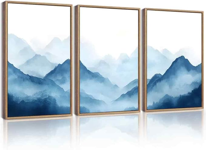 Drsoum Blue Fog Mountains Landscape Wall Art Framed Vintage Nature Misty Nordic Prints Ink Wash Watercolor Boho Farmhouse Rustic Artwork Hallway Bedroom Ready to Hang 16x24in Natural Framed