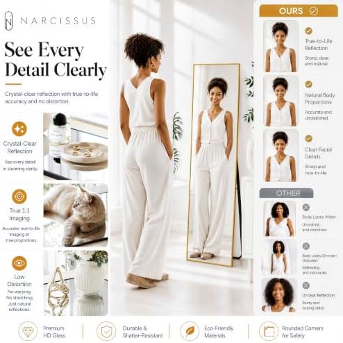 NARCISSUS Full Length Mirror 57x16 Inch, Over The Door Mirror with Stand, Wall Mounted or Freestanding/Door Hanging Full Body, Aluminum Alloy Frame, Gold