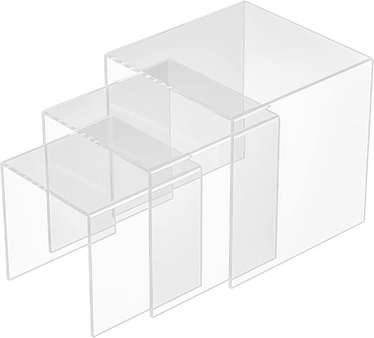 Clear Acrylic Risers 3 pcs, Square Acrylic Food Display Stands Tabletop, Display Shelf for Vendors, Collectibles, Funko Pop, Food, Glasses, Perfume, Small Plants - 5''x6''x7''
