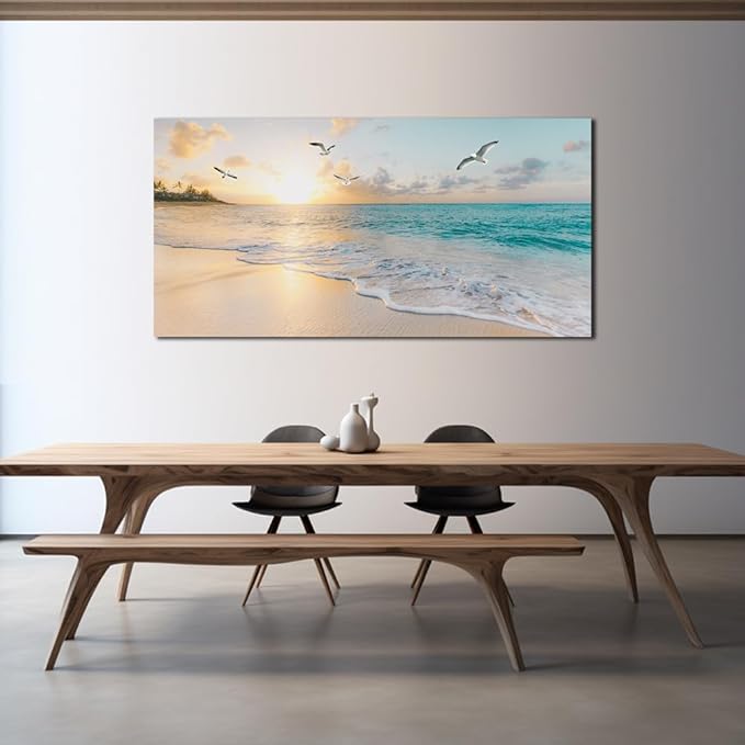 Beach Wall Art Pictures for Living Room Ocean Canvas Wall Art Decor Beach Scene Painting for Bedroom Blue Seascape Theme Art Print for Home Office Decoration Ready to Hang(24"×48")