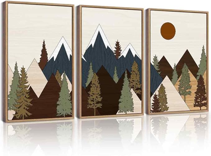 Drsoum Morden Mountains Landscape Wall Art Framed Boho Pine Tree Forest Nature Prints Boho Farmhouse Rustic Artwork Hallway Bedroom Ready to Hang 16x24in Natural Framed