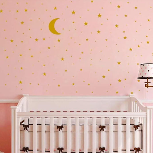 Moon and Stars Wall Decal Vinyl Sticker, Removable Children Kids Art DIY Sticker Mural for Boy Girls Baby Room Decoration Good Night Nursery Wall Decor Home House Bedroom Design (Golden)