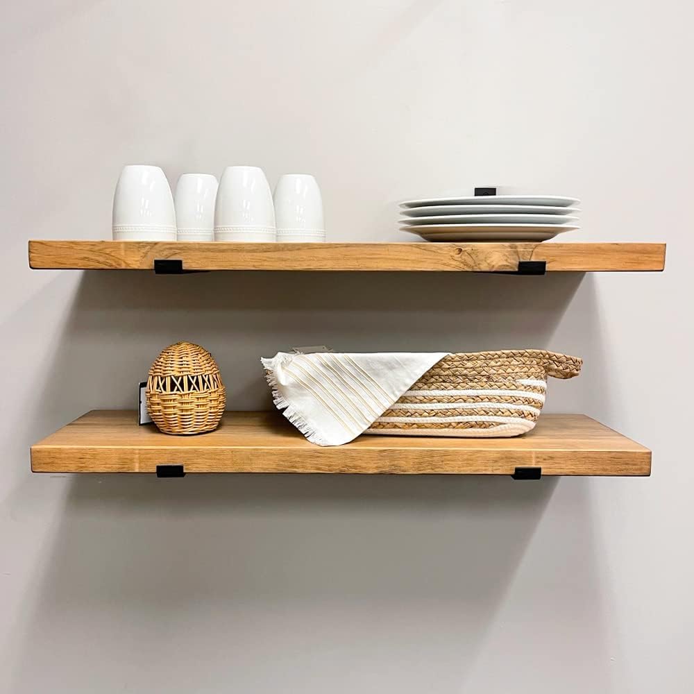 Rustic Shelves with J-Brackets Set of 2, Industrial Shelf, Kitchen Shelves, Solid Wood, Decorative Wall Storage, Heavy Duty, URBANDI (Brown, 12Wx10D)