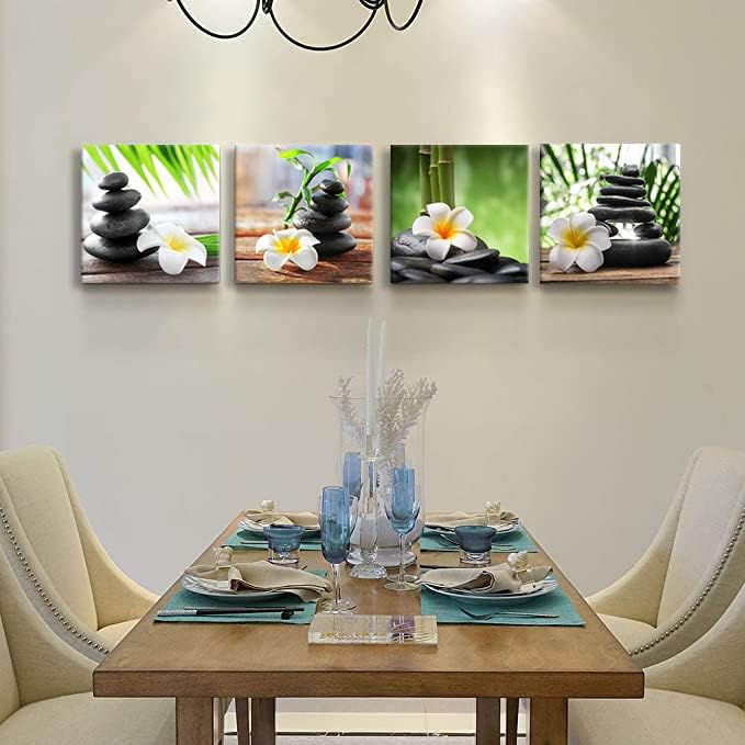 Yxbhhym-Zen Pictures Meditation Canvas Wall Art Spa Stone Green Room Decor White Frangipani Flower Poster Painting Zen Artwork for Bathroom Wall Décor Living Room Kitchen Decorations Framed Art