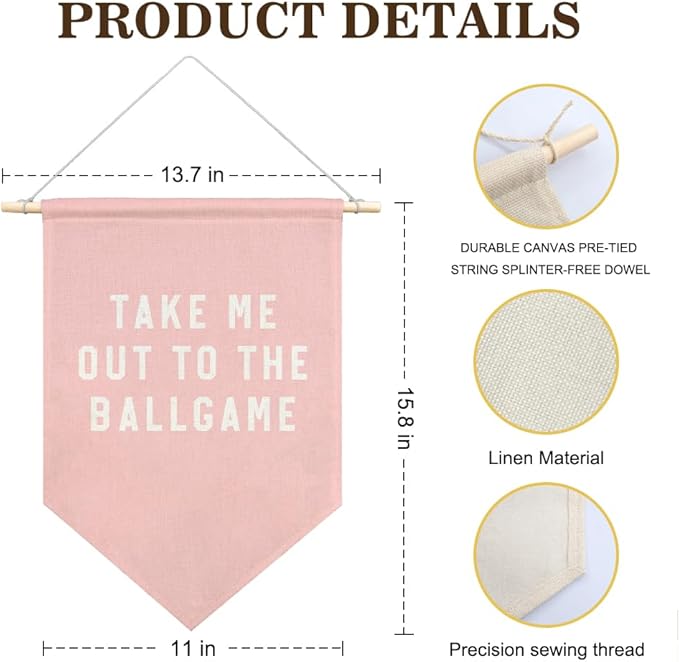 AGMDESIGN Take Me Out To The BallGame Pennant Flag Banner, Pink Baseball Wall Decor for Toddler Girl Sports Room Nursery Playroom, Sports Decor for Girls Bedroom, Ballgame Lovers Gifts for Girls