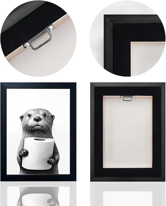 Framed Animal Bathroom Wall Art, Funny Bathroom Wall Decor, Toilet Paper in Raccoon's Hand, Black and White Canvas Print Picture Artwork for Hme