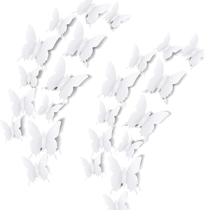 24pcs White 3D Butterfly Removable Mural Stickers Wall Stickers Decal for Home and Girls Room Decoration