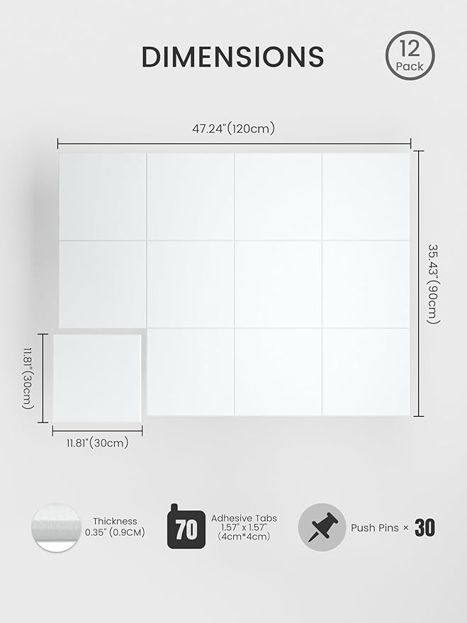 Bumusty Large Cork Board 48" x 36" Alternative - 12 Pack Felt Wall Tiles with 70 Safe Removable Adhesive Tabs, 30 Pushpins, Cork Boards for Walls Pin Board Bulletin Board Office Decor (Cold White)
