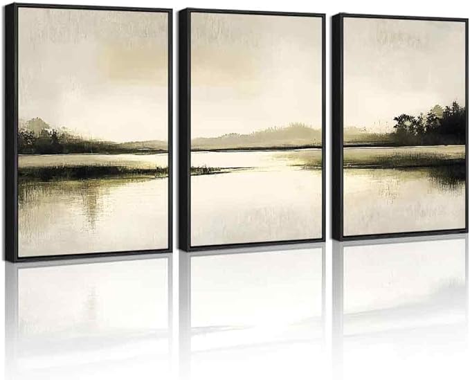 Drsoum Vintage Black Gray Abstract Laker Landscape Wall Art Framed Brown Tan Neutral Prints Minimalist Modern Rustic Artwork Bedroom Living Room Ready to Hang 11x14in Black Framed