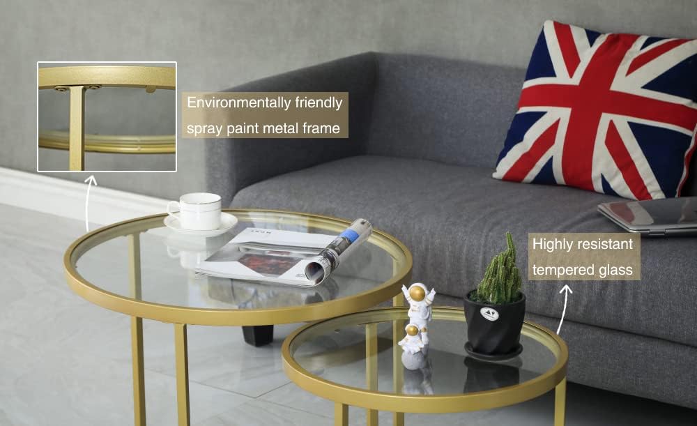 Round Nesting Coffee Table Gold Set of 2 for Living Room, Modern Side Tables with Sturdy Metal Frame and Tempered Glass.Minimalist End Table,Cocktail Table for Dining Room,Home Decor