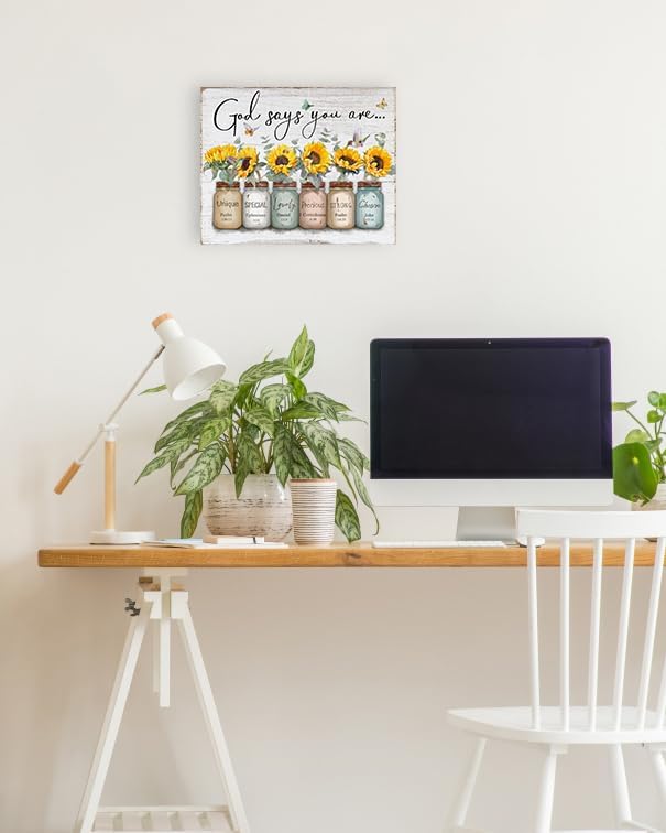 Inspirational Bible Verse Wall Art: God Says You Are Wall Sayings Sunflower in Mason Jar Picture Print Christian Gift Quotes Poster for Women Girl Bedroom Decor 12" x 15"