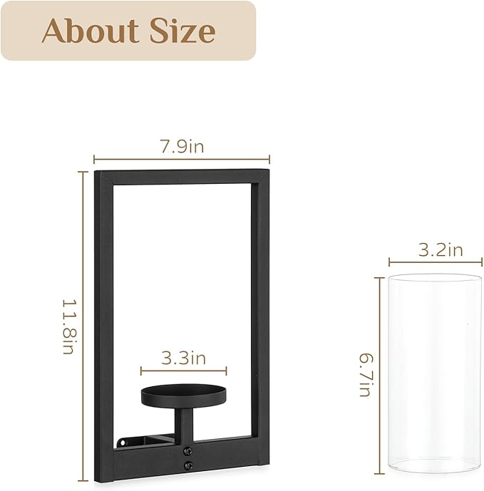 Black Candle Sconces Wall Decor: Set of 2 Metal Morden Style Frame Wall Candle Holder with Hurricane - Wall Mounted Minimalism Decorations for Living Room Hallway