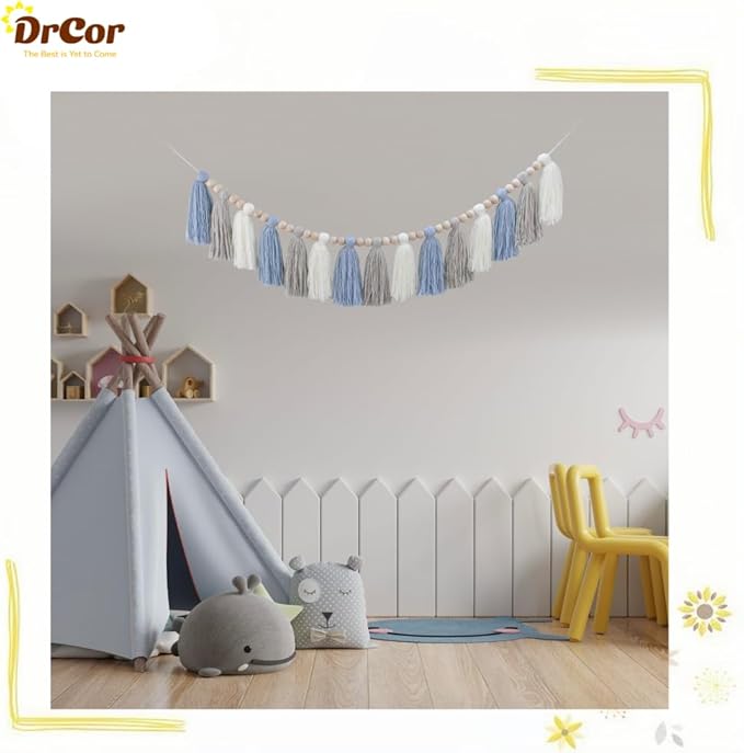 DrCor Blue and White Tassel Garland – Handmade Coastal Boho Wall Hanging for Nursery, Boys Room, Beach Theme Party, Baby Shower & Classroom Decoration