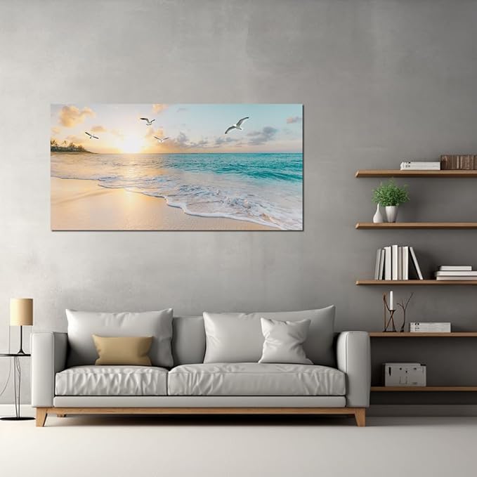 Beach Wall Art Pictures for Living Room Ocean Canvas Wall Art Decor Beach Scene Painting for Bedroom Blue Seascape Theme Art Print for Home Office Decoration Ready to Hang(24"×48")