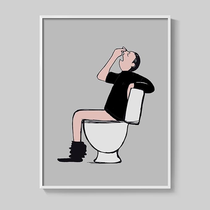 Framed Funny Bathroom Wall Decor, Black and White Quirky Man Canvas Painting Print Bathroom Humor Wall Art, Gray Cartoon Guy on Toilet Picture Artwork for Toilet Restroom Washroom Wall Decor, 12x16 In