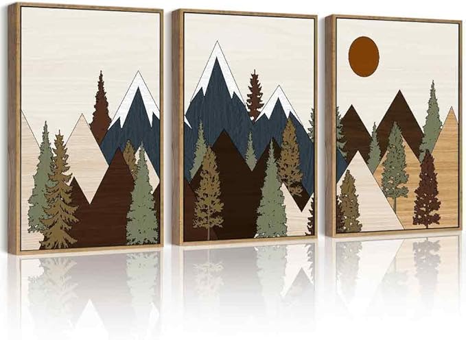 Drsoum Morden Mountains Landscape Wall Art Framed Boho Pine Tree Forest Nature Prints Boho Farmhouse Rustic Artwork Hallway Bedroom Ready to Hang 11x14in Natural Framed