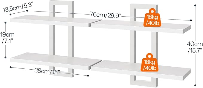 HOOBRO Floating Shelves, 15 Inch Wall Shelf Set of 2, Wall Mounted Storage Shelves 2-Tier, Hanging Bathroom Shelves, for Living Room, Bedroom, Bathroom, Kitchen, White WW32BJ01