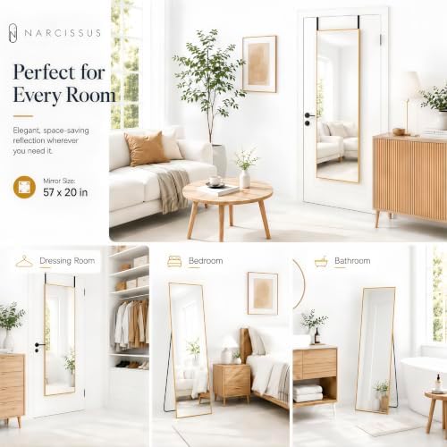 NARCISSUS Full Length Mirror 57x20 Inch, Over The Door Mirror with Stand, Wall Mounted or Freestanding/Door Hanging Full Body, Aluminum Alloy Frame, Gold