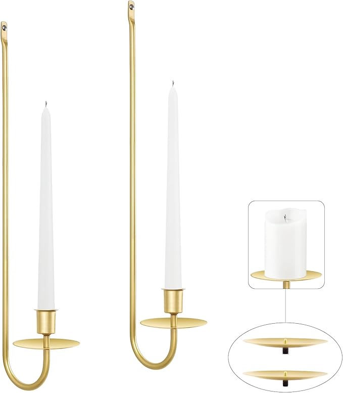 Candle Sconces Set of 2, 16.5 Inch Taper & Pillar Wall Candle Holder, Gold Wall Sconces Set of Two, Decor for Entryway, Stair Corner, Living Room, Gifts for Men Women Mom or Dad