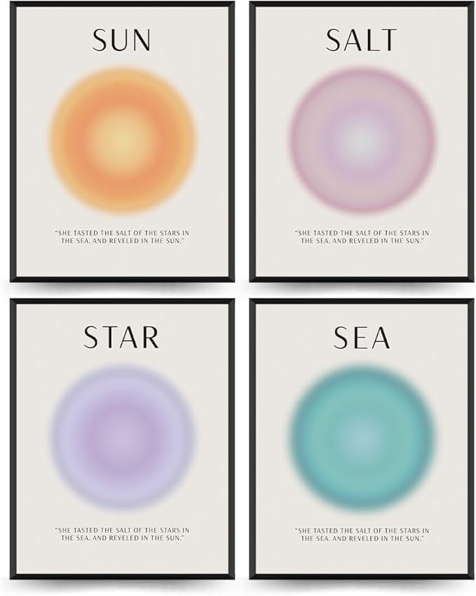 PLKMN Aura Angel Sun Salt Sea Wall Art Decor 8x10,Beach Aesthetic,Trendy Star Ocean Beach Prints,Colorful Aura Abstract Aesthetic Decor Bedroom Yoga Living Room Set of 4 (Unframed)