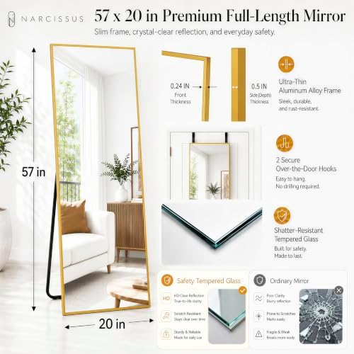 NARCISSUS Full Length Mirror 57x20 Inch, Over The Door Mirror with Stand, Wall Mounted or Freestanding/Door Hanging Full Body, Aluminum Alloy Frame, Gold