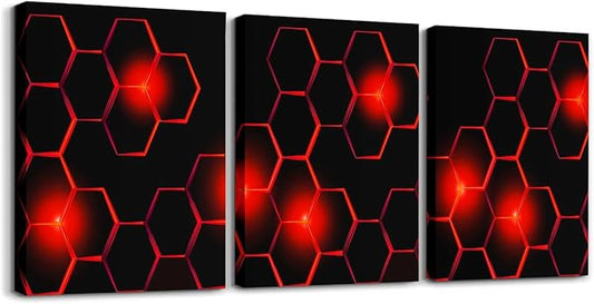 Feelyou Kids Honeycomb Canvas Wall Art 3 Piece 12" x 16" Ice Sports Games Picture Wall Decor Geometrical Office Wall Decorations Artwork Posters Beehive Geometric Black Red Wall Painting