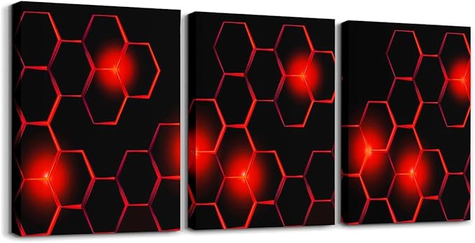 Feelyou Kids Honeycomb Canvas Wall Art 3 Piece 12" x 16" Ice Sports Games Picture Wall Decor Geometrical Office Wall Decorations Artwork Posters Beehive Geometric Black Red Wall Painting