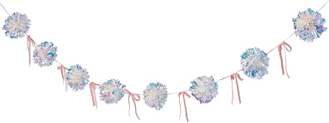 Iridescent Party Decorations, Iridescent Pompom Garland with Pink Bow Banner 1 Piece, Shimmering Mantel Garland for Birthdays, Weedings, Girls Party Decorations