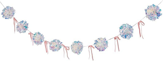 Iridescent Party Decorations, Iridescent Pompom Garland with Pink Bow Banner 1 Piece, Shimmering Mantel Garland for Birthdays, Weedings, Girls Party Decorations