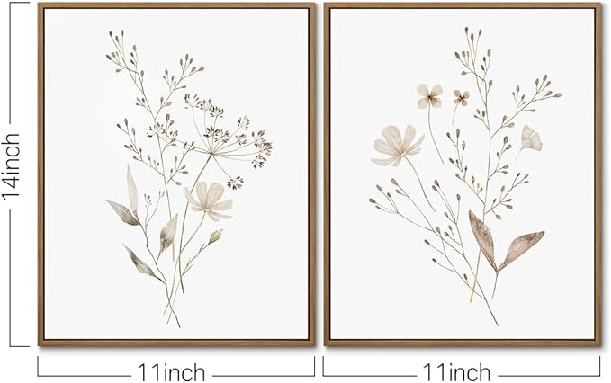 Boho Wall Art Set of 2 Watercolor Botanical Floral Picture Blossomy Wildflower Canvas Art Prints Minimalist Flower Wall Decor for Living Room Bedroom Bathroom Home Office Decoration, 11x14 Inch Framed