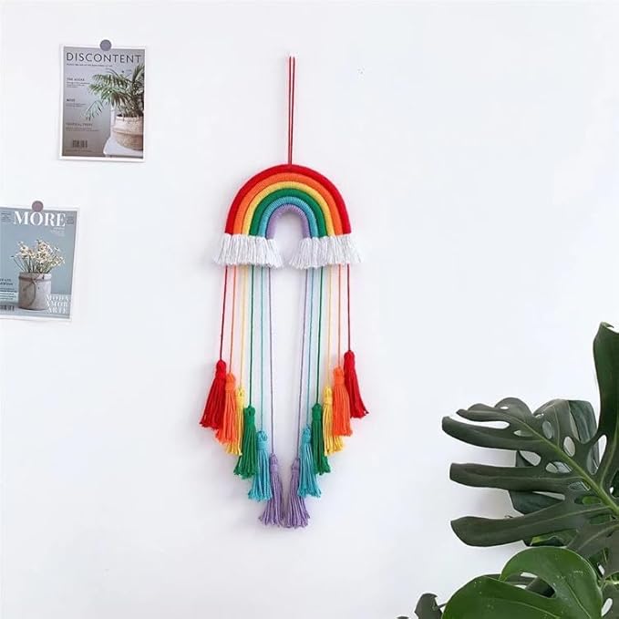 Rainbow Macrame Wall Hanging - Hand-Woven Cotton Tassel Tapestry Decor for Baby Room, Nursery, and Home Decor (Red Rainbow)
