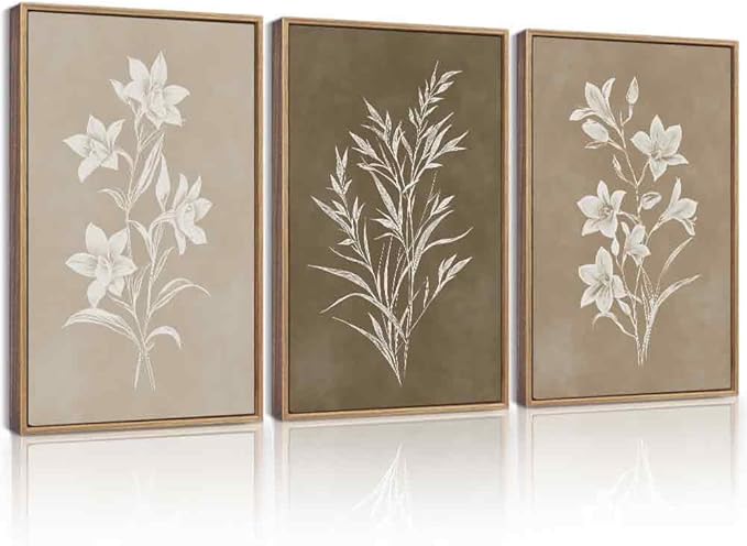 Drsoum Vintage Neutral Botanical Flower Wall Art Framed Retro Colorful Boho Floral Prints Morden Retro Wildflower Rustic Artwork Kitchen Dining Room Ready to Hang 16x24in Natural Framed