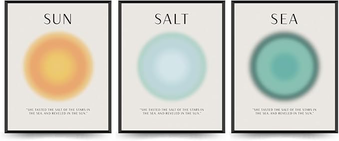PLKMN Aura Poster Set of 3, Sun Salt Sea Posters, Coastal Room Decor, Beach Energy Aura Posters for Room Aesthetic, Colorful Aura Wall Art for Bedroom Yoga, 8x10 Inch (Unframed)