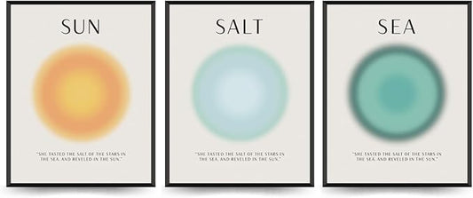 PLKMN Aura Poster Set of 3, Sun Salt Sea Posters, Coastal Room Decor, Beach Energy Aura Posters for Room Aesthetic, Colorful Aura Wall Art for Bedroom Yoga, 8x10 Inch (Unframed)