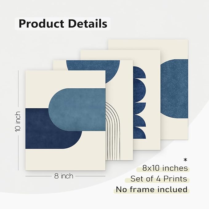 PLKMN Navy Blue Abstract Wall Art Decor Set of 4 - Bathroom Decor, Boho Minimalist Wall Art Prints for Bedroom Living Room 8x10 (Unframed)