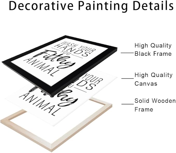 Bathroom Quotes Wall Decor, Black and White Bathroom Wall Art, Toilet Decor Signs Small Black Framed Canvas Art for Kid's Washroom