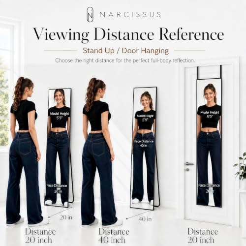 NARCISSUS Full Length Mirror 57x16 Inch, Over The Door Mirror with Stand, Wall Mounted or Freestanding/Door Hanging Full Body, Aluminum Alloy Frame, Black